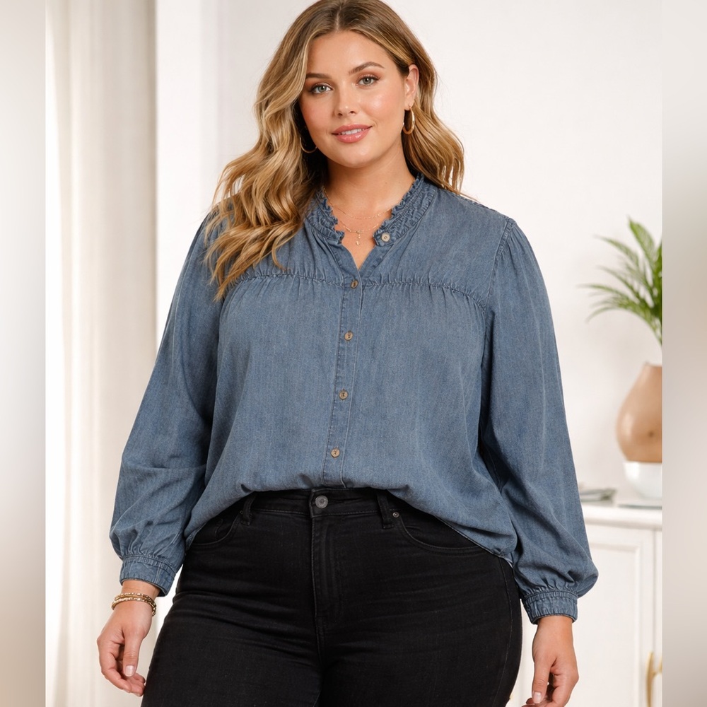 Blue Chambray Denim Top with Ruffles
